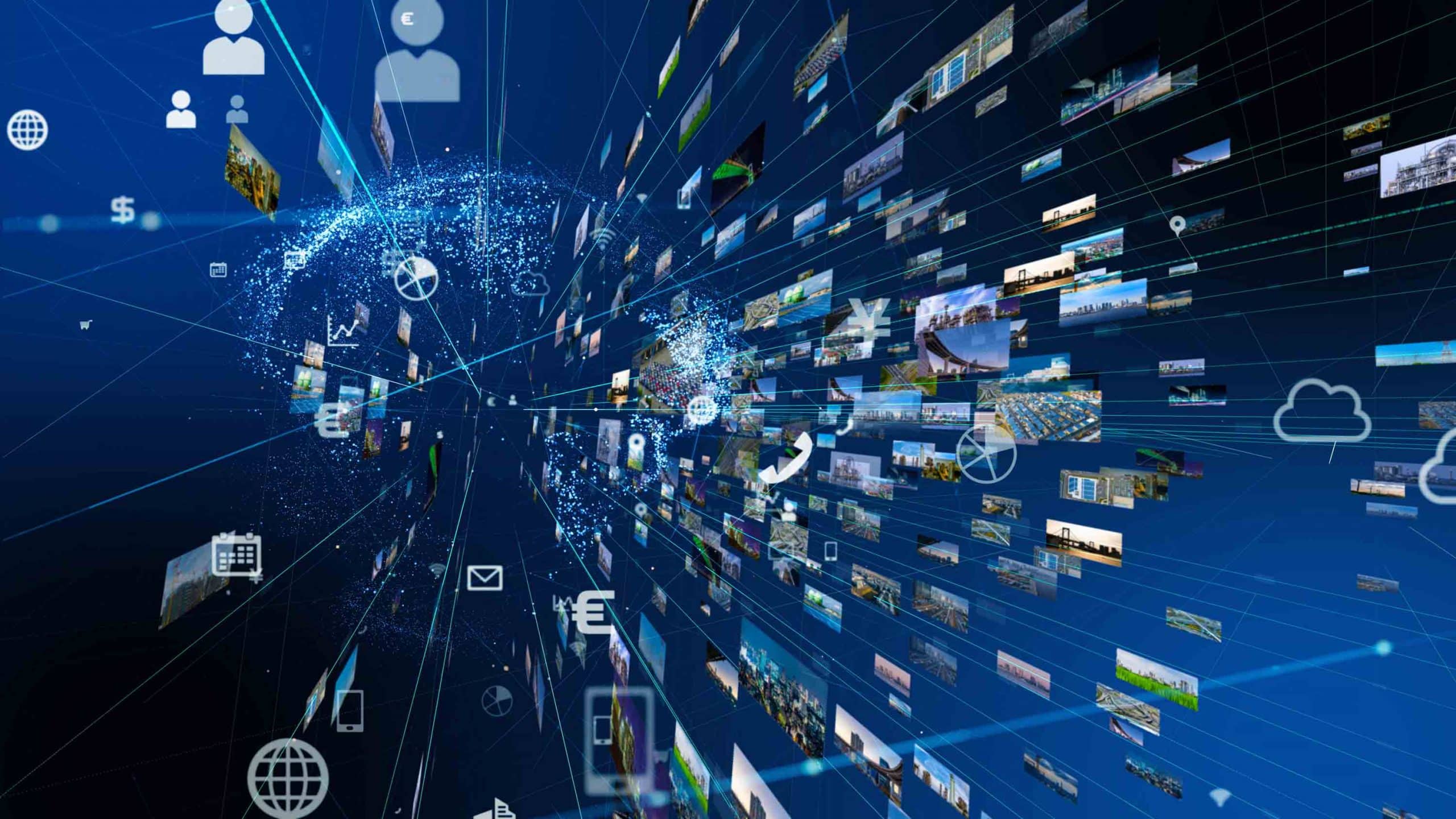 Digitale Weltkugel mit ausstrahlenden Symbolen und Bildern zu Finanzen, Kommunikation und Technologie.