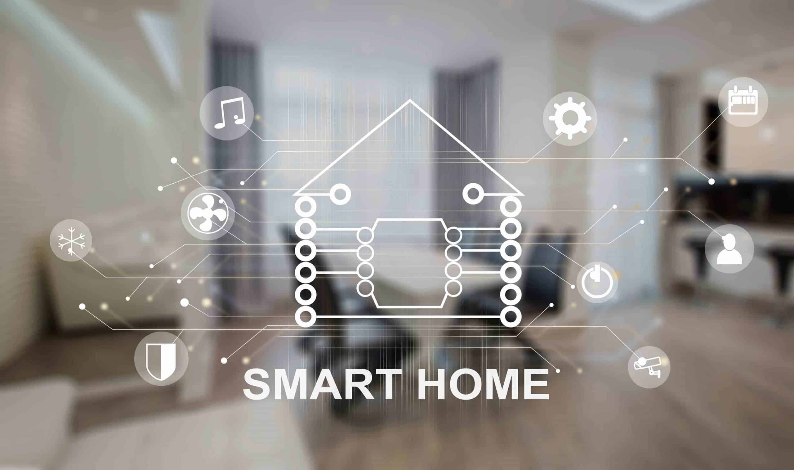 Vernetztes Smart-Home-System mit Symbolen für Musik, Belüftung, Sicherheit, Kalender und Videoüberwachung.