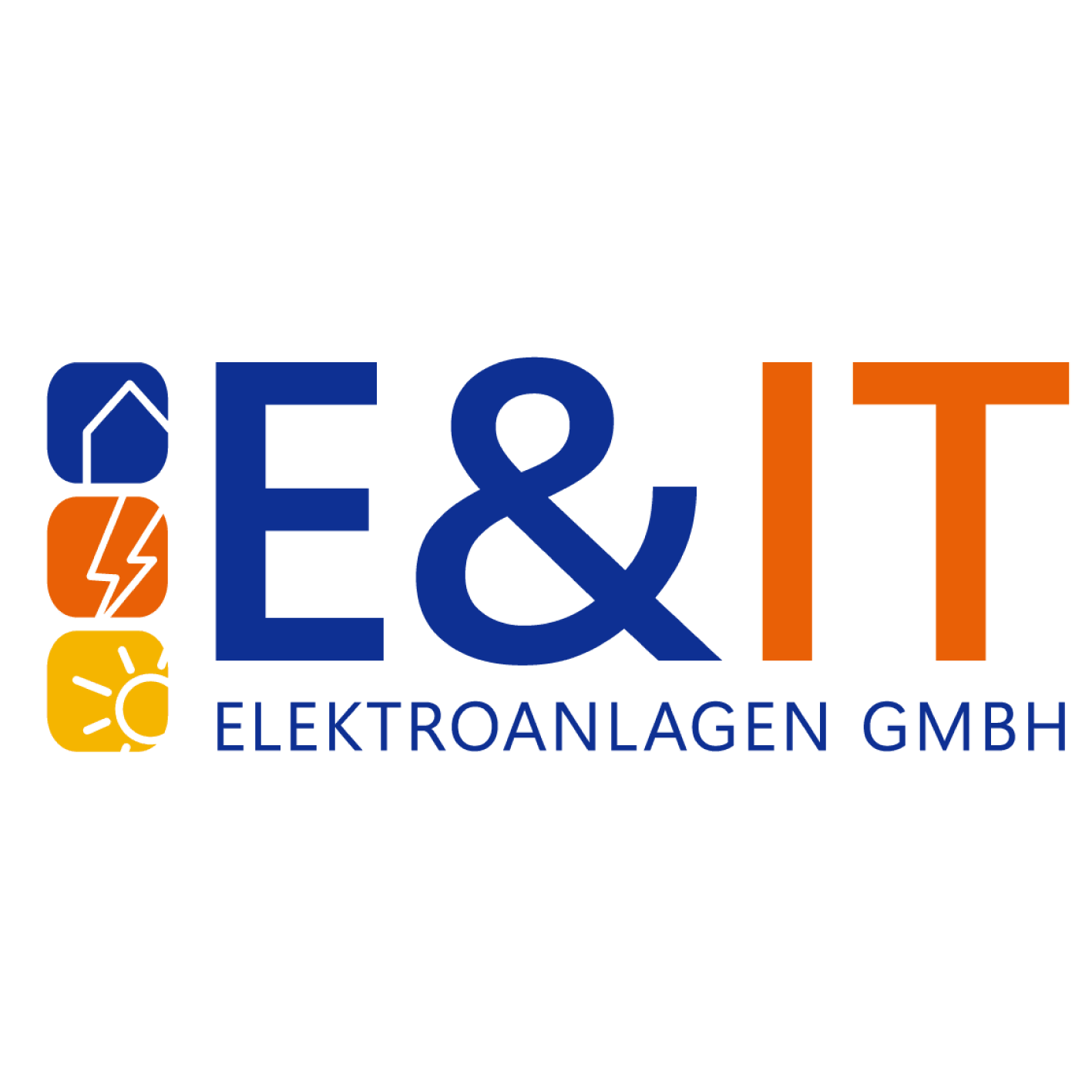 Logo E&IT Elektroanlagen GmbH mit Symbolen für Haus, Blitz und Sonne in Blau, Orange und Gelb.